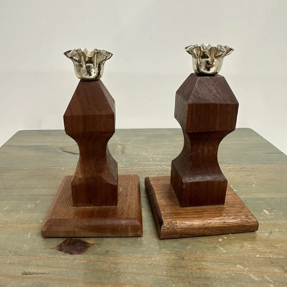 Vintage Mid Century Wood Candle Holders Pair Geometric Carved Taper Candlesticks